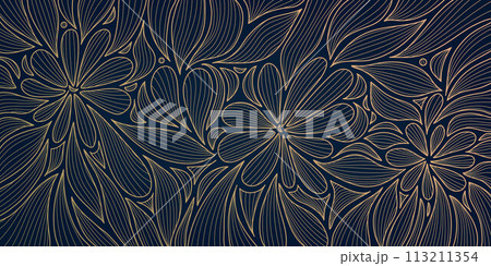 Vector art deco leaves and flowers pattern, gold on blue luxury background, floral plant ornament. Garden decor drawing, interior print, vintage wave outline illustration. 113211354
