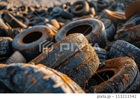 A big pile of worn-out tires in a landfill 113211542