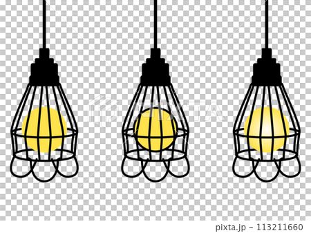 Stylish retro lighting. Cute wire light bulb cover. Hanging electricity. 113211660