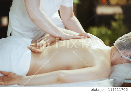 Closeup on massage therapist in spa salon do massage therapy 113211706