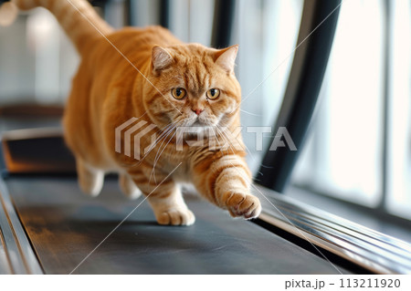 Fat cat runs on treadmill in gym Fat cat runs on treadmill in gym 113211920