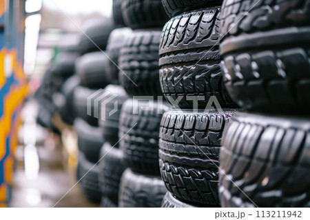 New tires stacked in row on storage racks in car repair shop 113211942