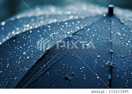 Raindrops on umbrella at heavy rainy day, close up 113211945