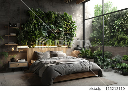 Bedroom interior with bed and vertical garden wall Bedroom interior with bed and vertical garden wall 113212110