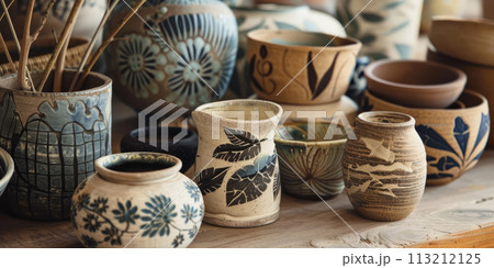 Artisan pottery collection with on a rustic table Artisan pottery collection with on a rustic table 113212125