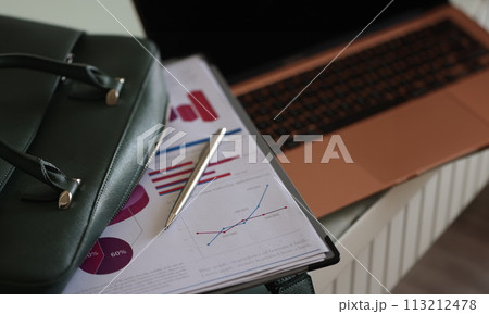 Clipboard documents and ballpoint pen lying on open green laptop bag closeup Clipboard documents and ballpoint pen lying on open green laptop bag closeup 113212478