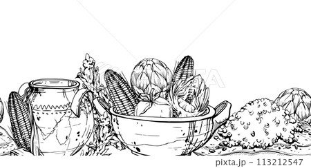 Hand drawn ink vector illustration, cooking pot ceramics vegetable stew maize corn quinoa, south american cuisine Seamless banner isolated on white background. Design travel, vacation, brochure, print 113212547