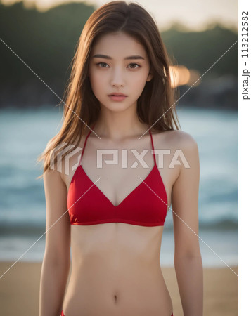 海で水着姿でキメ顔するロングヘアの女性のイラスト素材 [113212582