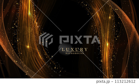 Illustration with an isolated wavy pattern in a gold, copper tone on a black background 113212612