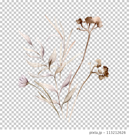 Watercolor floral delicate pastel vintage green violet purple brown bouquet. Hand drawn illustration isolated on white background. Flower and leaves composition for stationary or textile 113212626