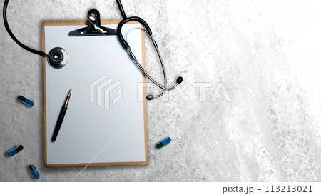 Medical stethoscope and medicine with a clipboard and pen 113213021