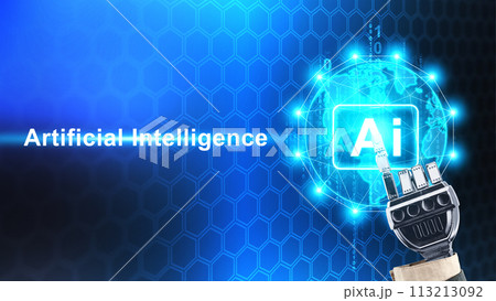The robotic hand touches the AI button The robotic hand touches the AI button 113213092