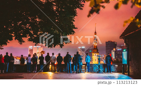 Tallinn, Estonia. People Visiting Kohtuotsa Viewing Platform. Cityscape Skyline At Summer Night. View From Patkuli Viewpoint. 113213123