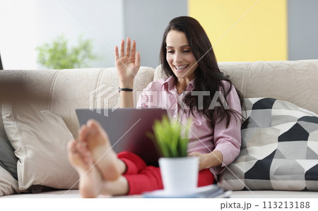 Young woman sitting on sofa and waving at laptop screen 113213188