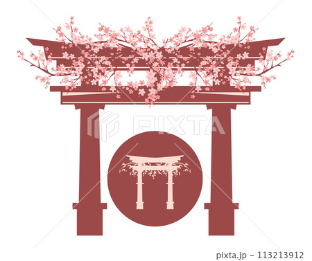 japanese shinto torii gate decorated with spring sakura flowers branches vector design 113213912