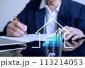 Icon Housing and diagram up trand on stacks of money on the table with blur background man sign real estate contact,  113214053