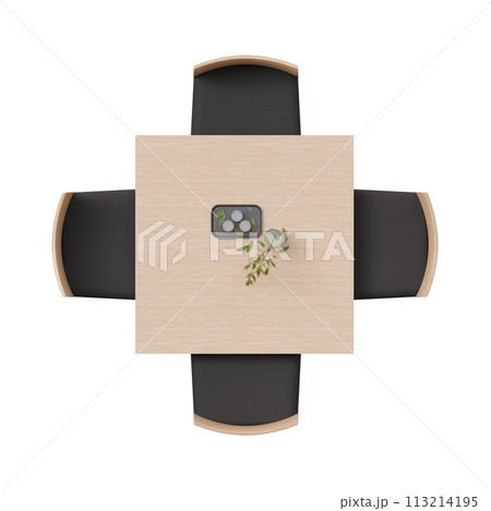 Overhead view of dining set with a wooden table and black chairs. Square, small table isolated on white background. Cut out furniture. Top view. Flat lay, floor plan elements. 3D rendering. 113214195
