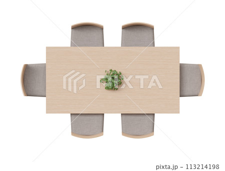 Overhead view of dining set with a wooden table, chairs and decorative plant. Rectangular table isolated on white background. Cut out furniture. Top view. Flat lay, floor plan elements. 3D rendering. Overhead view of dining set with a wooden table, chairs and decorative plant. Rectangular table isolated on white background. Cut out furniture. Top view. Flat lay, floor plan elements. 3D rendering. 113214198