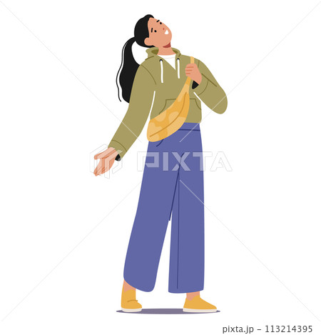 Curious Female Character Looking Upward. Woman Gaze Skyward, Eyes Wide With Wonder, Neck Craned, Searching For Something Curious Female Character Looking Upward. Woman Gaze Skyward, Eyes Wide With Wonder, Neck Craned, Searching For Something 113214395
