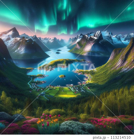 フィヨルドにかかるオーロラ フィヨルドにかかるオーロラ 113214510