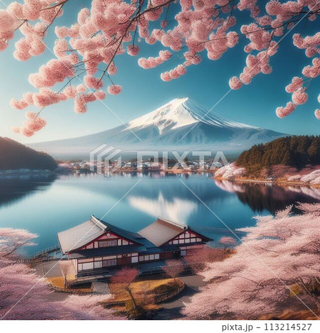桜咲く、早朝の美しい風景、雲ひとつない青空と美しい紅白梅 113214527
