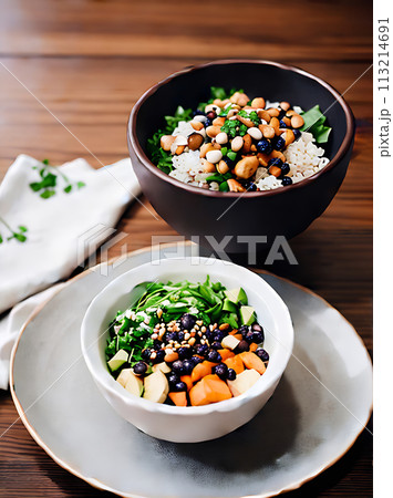 Realistic poke bowl neutral colors warm lighting 113214691