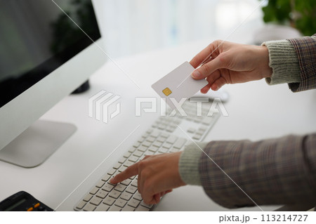 Woman holding plastic credit card and typing on computer keyboard. Online shopping concept Woman holding plastic credit card and typing on computer keyboard. Online shopping concept 113214727
