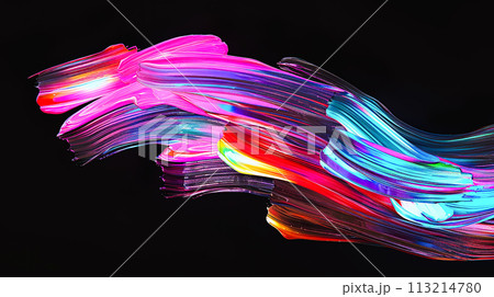 黒背景にビビッドカラーの虹色のオイルペイントのブラシストローク背景 113214780