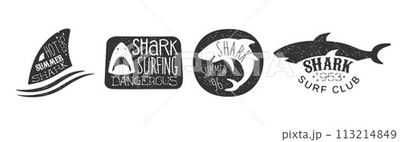 Dangerous Shark Surf Club Black And White Badge Vector Set 113214849