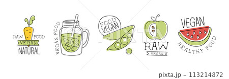 Vegan Natural Raw Food Sticker and Label Vector Set 113214872