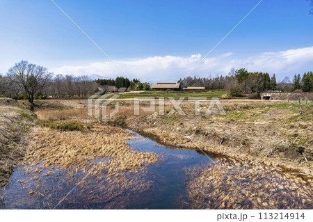 早春の国営みちのく湖畔公園　青空と段々畑　宮城県川崎町 113214914