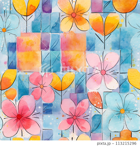 Abstract watercolor geometric and floral colorful summer pattern in gringe style. 113215296