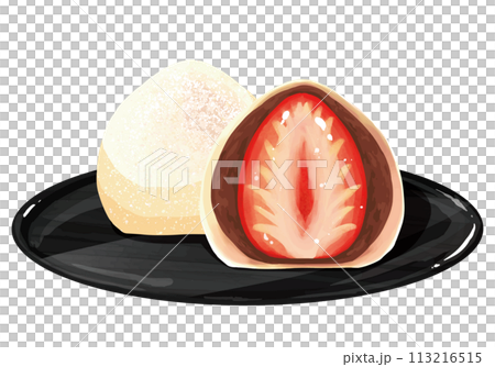 兩片草莓大福放在黑豆沙托盤上 兩片草莓大福放在黑豆沙托盤上 113216515