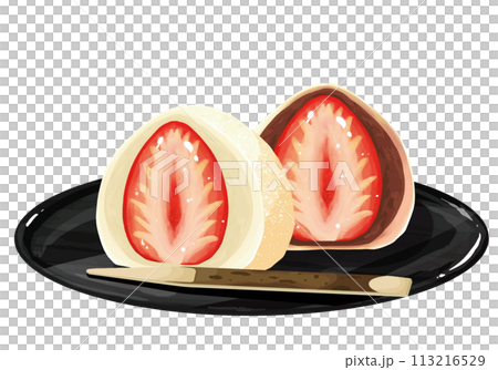 托盤上兩片草莓大福、黑白豆沙套餐、甜點炸肉排 113216529