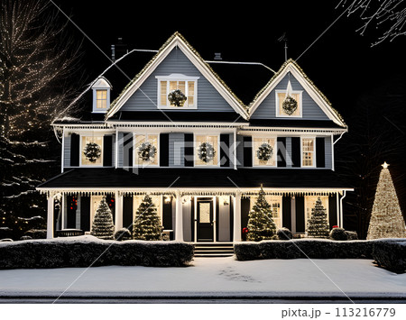 Xmas house: long shot warm lights poster blackwhite scheme. Generative AI Generated 113216779