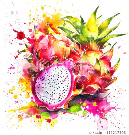 A lively watercolor painting of dragon fruit with a half-sliced piece 113217308