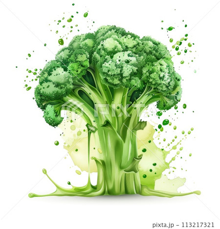 A dynamic watercolor of broccoli with lively splatters A dynamic watercolor of broccoli with lively splatters 113217321