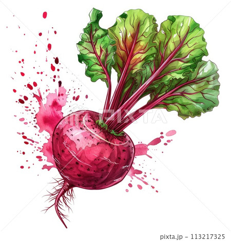 A vivid watercolor illustration of a beetroot, its rich crimson splattered artfully on the canvas 113217325