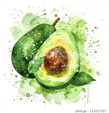 An avocado painted in watercolor, vibrant splashes adding movement to the image 113217327