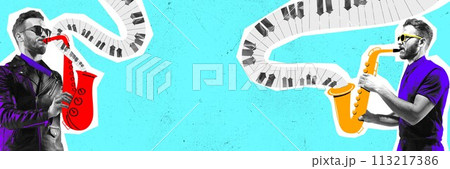 Stylish young man playing saxophone against blue background. Poster for music event. Contemporary art collage. Stylish young man playing saxophone against blue background. Poster for music event. Contemporary art collage. 113217386