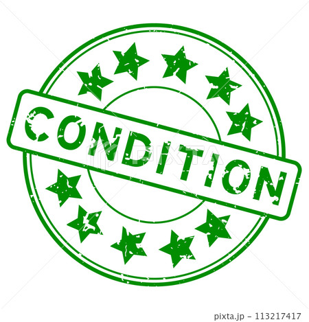 Grunge green condition word with star icon round rubber seal stamp on white background 113217417