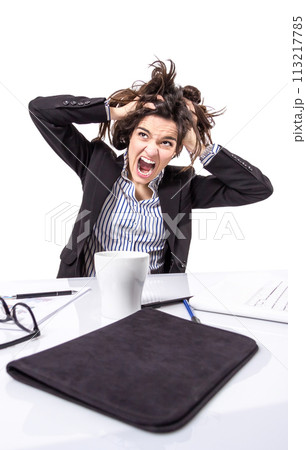 Stressed business woman screaming and pulling hair 113217785