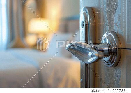 door handle at hotel room with blurred bedroom on background. Close up. Ai generative 113217874