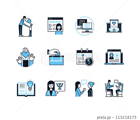 Orphanage and support - line design style icons set Orphanage and support - line design style icons set 113218173
