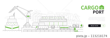 Cargo port - modern thin line design style vector banner 113218174