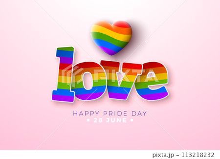 Happy Pride Day LGBTQ Illustration with Rainbow Heart and Colorful Cut Out Love Text Label on Pink Background. 28 June Love is Love Human Rights or Diversity Concept. Vector LGBT Event Banner Design 113218232