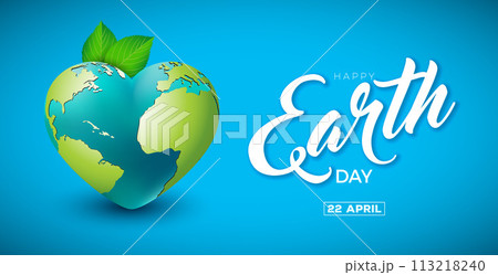 Earth Day Illustration with Planet in the Heart on Blue Background. World Map on April 22 Environmental and Eco Concept with Typography Lettering. Vector Design for Postcard, Banner, Greeting Card Earth Day Illustration with Planet in the Heart on Blue Background. World Map on April 22 Environmental and Eco Concept with Typography Lettering. Vector Design for Postcard, Banner, Greeting Card 113218240