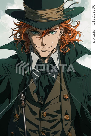 Anime portrait of red-haired Irish man dressed op hat, overcoat. He has bushy sideburns and wicked smile. 113218330