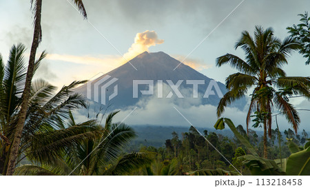Eruption of Volcano Semeru on the island of Java. The volcano emits ash and smoke. Natural disaster. December 2022. 113218458