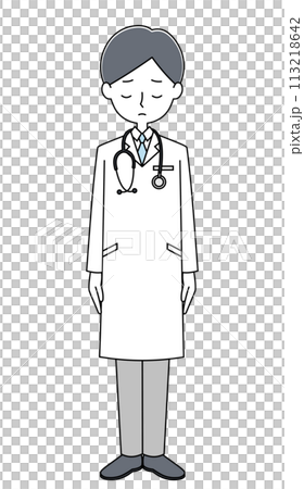 一位年輕男醫生道歉的全身插圖 一位年輕男醫生道歉的全身插圖 113218642